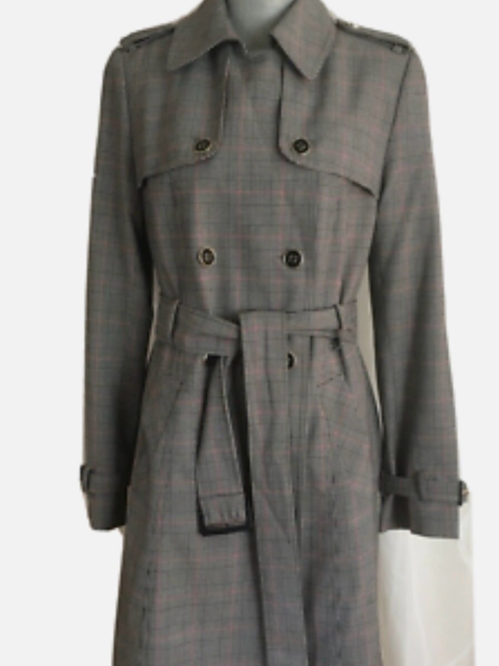 Tommy Hilfiger Grey Plaid Double-Breasted Trench Coat